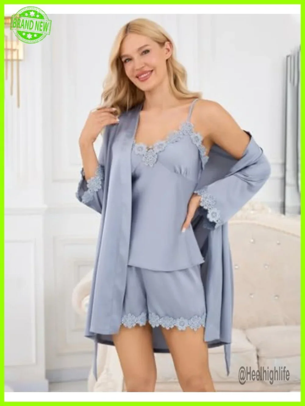 Satin Pajama Set 6-Piece Silky Loungewear Womens Sleepwear Cami Shorts Robe